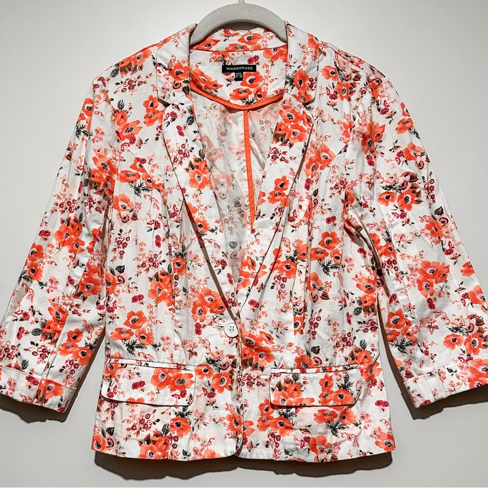 Warehouse London 3/4 sleeve orange floral blazer